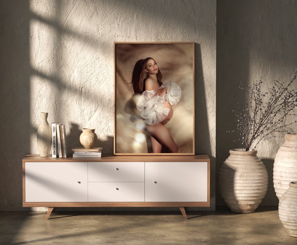 a product pregnancy photo frame printed photo in an interior elegant natural style Surrey maternity photographer