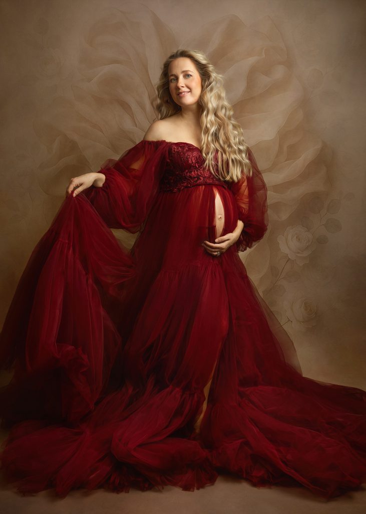 Red Dress Maternity Studio Photography Pregnant Lady Dreamy Photo London-Sutton-Surrey-Photographer