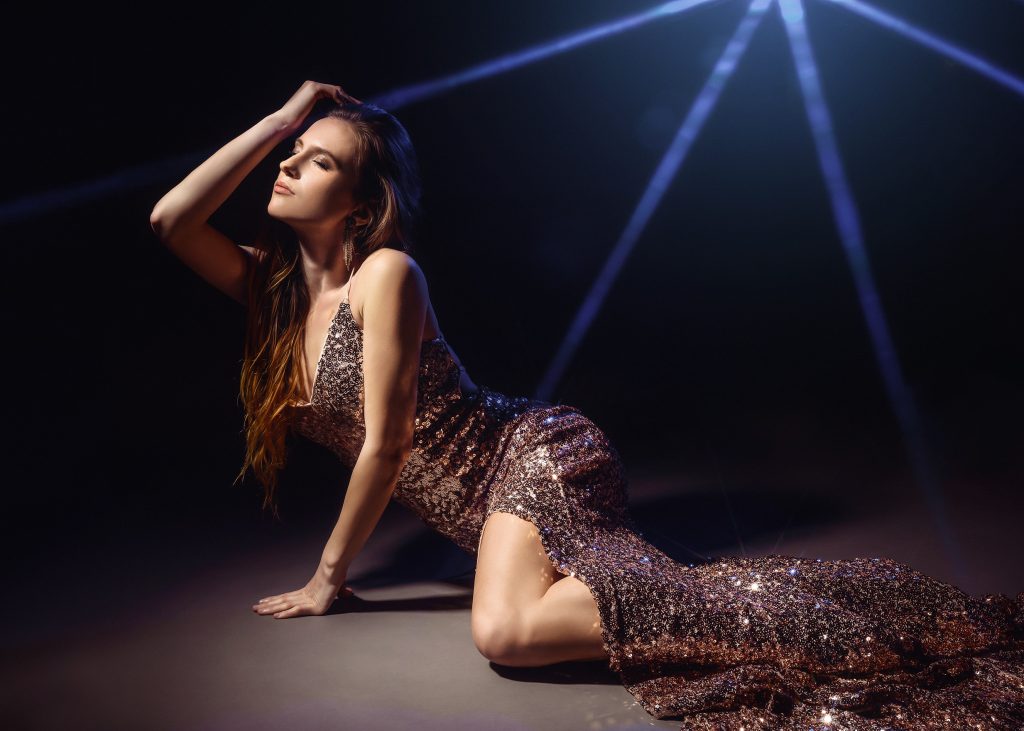 glamour beauty personal portrait of a girl in studio wearing glittery dress emotional pose portrait photographer in Sutton Surrey South London