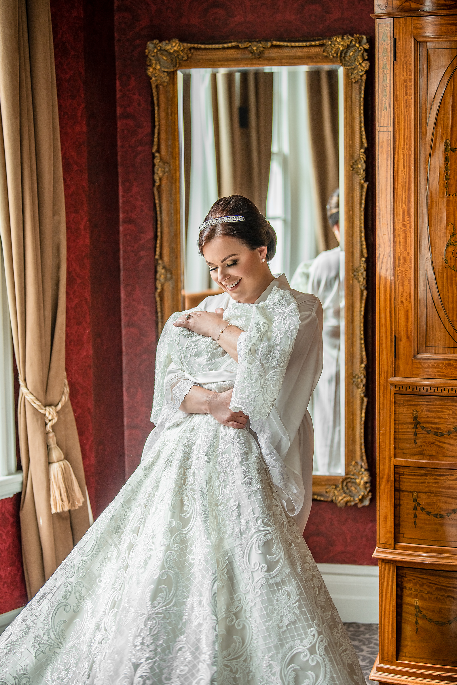 bride holding wedding dress preparation wedding day photography Sutton London Surrey