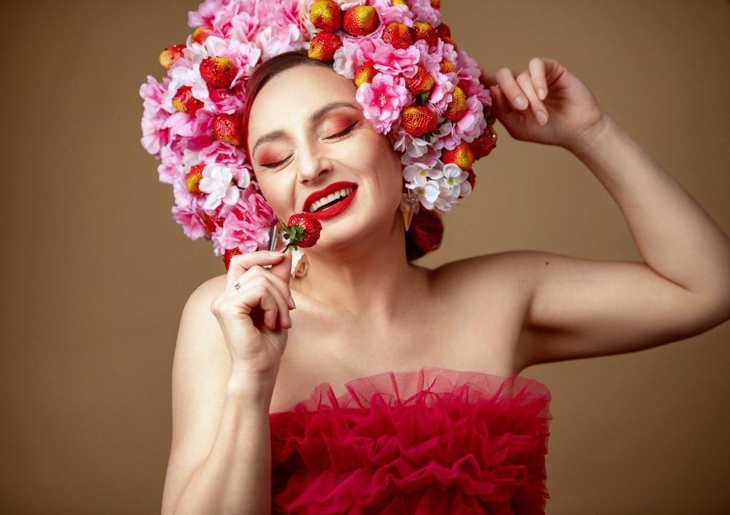 romantic floral studio fashion women portrait lady smiling holding flower headpiece Sutton Surrey London photoshoot
