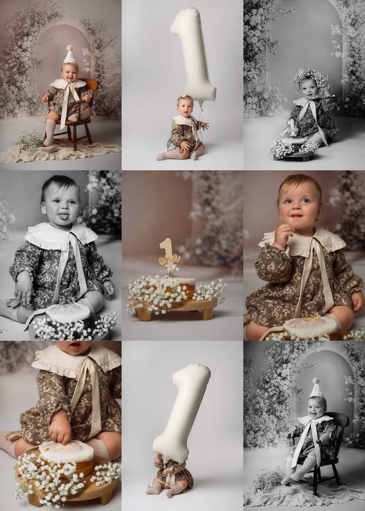 A collage from first baby's birthday cake smash photos in colour and black and white light bohemian style with small flowers in the background